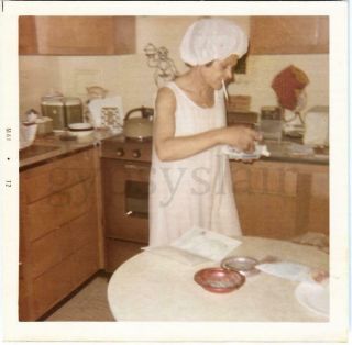 1970s Vintage Photo Woman In Nightgown & Shower Cap Smoking Cigarette In Mouth