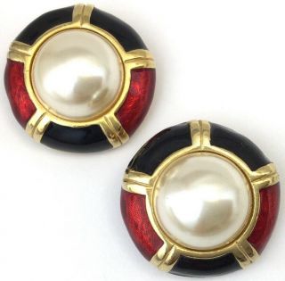 Vintage Earrings Enamel Faux Pearl Cabochon Gold Tone Metal Clip Back Style