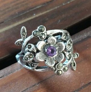 Vintage Sterling Silver And Marcasite Flower Ring With Amethyst Size 6.  75