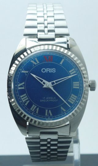 Vintage Oris Luxury 17 Jewels Fhf St - 96 Blue Dial Hand Winding Watch Model