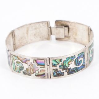 Vtg Sterling Silver - Mexico Abalone Inlay Panel Link 7 " Bracelet - 21g