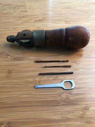 Vintage Yates Tool Lake Geneva Leather Sewing Awl Needle Wrench In Wood Handle