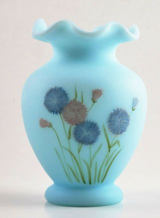 Vintage Fenton Hand Painted Coralene Signed Light Blue Art Glass Vase