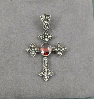 Vintage Estate 925 Sterling Silver Garnet & Marcasite Celtic Cross Pendant
