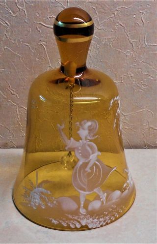 Vintage Fenton Amber Mary Gregory Hand Painted Glass Bell Girl W Butterfly