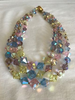Vintage 3 Strand Ab Crystal Rainbow Glass Beaded Necklace With Rhinestone Clasp