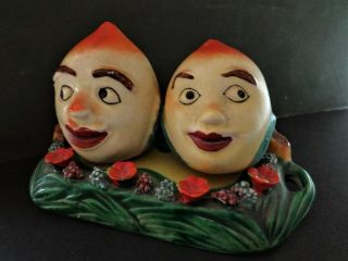 Vintage Anthropomorphic Novelty Turnip Heads Salt And Pepper Shakers With Stand