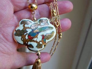 Vintage Jewelery Gorgeous Oriental Cloisonne Enamel Birds & Bonsai Tree Necklace