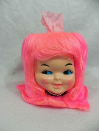 Vtg 1970s Pink Hair Dimple Doll Head Tissue Box Cover Dispenser W Kleenex Box