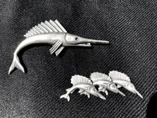 Two (2) Vintage Sterling Silver Pins Sailfish,  Mid Century,  One Beau