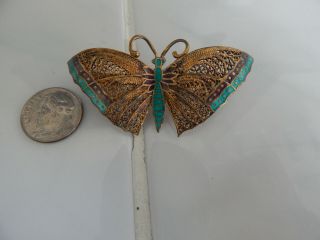 Vtg Sterling Silver Enamel Brooch Pin Butterfly Filigree Gold Gilt