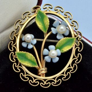 Vintage Brooch Krementz 1950s Real Faux Pearl Enamel Flowers Goldtone Jewellery