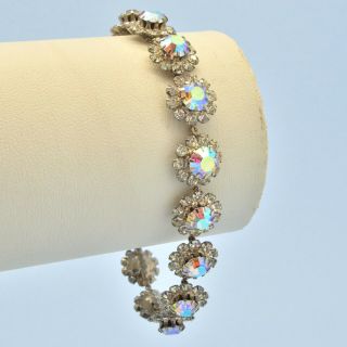 Vintage Bracelet 1950s Aurora Borealis Crystal Flowers Silvertone Jewellery