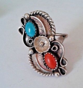 Vintage Sterling Silver Turquoise & Coral Navajo Braid Feather Rings Many Sizes