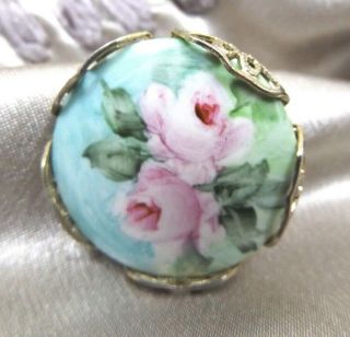 Vintage Costume Brooch Pin Porcelain Hand Painted Pink Roses Gold Tone Small