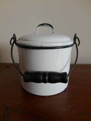 Vintage White W/ Black Enamelware Graniteware Berry Bucket Enamel Lunch Pail