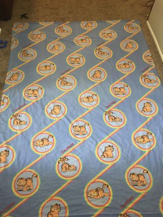 Garfield Vintage Twin Size Flat Sheet Bedding Blue Rainbows 1978 Craft Fabric
