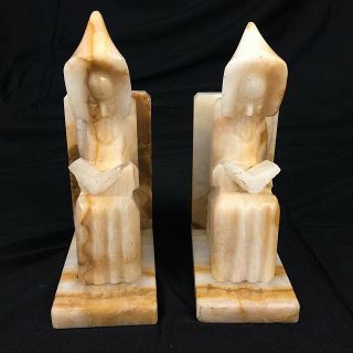 Vintage Hooded Wizard Stone Bookends Wise Man Monk Figure Seated Reading A Book