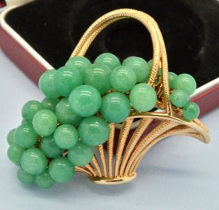 Vintage Brooch 1960s Peking Glass Jade Fruit Basket Goldtone Bridal Jewellery