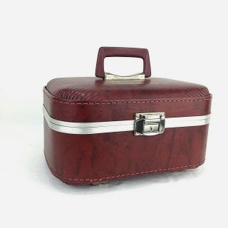 Vintage Burgundy Vinyl Cosmetic Train Case Luggage Carry On With Mirror