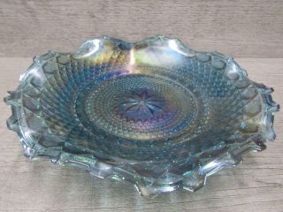 Vintage Iridescent Blue Ruffled Diamond Point Carnival Glass Shallow Bowl
