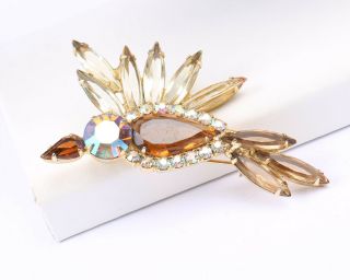 Gold Tone Bird Brooch With Brown And Clear Rhinestones,  Vintage 1960s