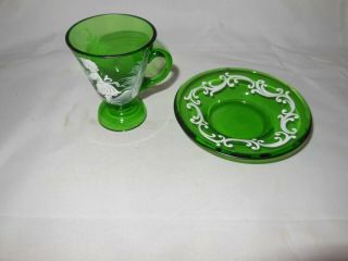 Vintage Green Glass Mary Gregory Style Tea Cup & Saucer