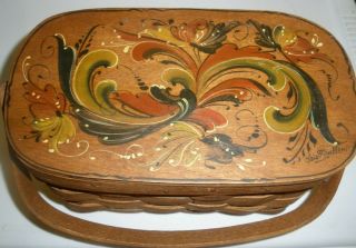 Vintage Hand Painted 9 1/2 " W Rosemaled Purse/hinged Sewing Basket/tote