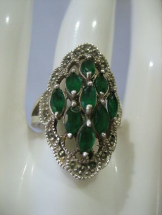 Estate Vintage Sterling Silver Marcasite Green Stone Ring Size 8.  5