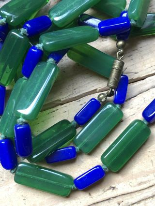 Vintage Jewelery Art Deco 46” Long Blue Green Glass Bead Necklace Barrel Clasp