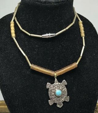 Vintage Navajo Sterling Turquoise Turtle Pendant Silver Plated Choker Necklace
