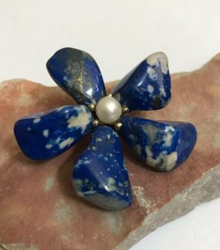 Vintage Swoboda Blue Agate & Pearl Flower Brooch Pin