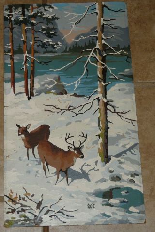 Vtg Paint By Number Winter 10 " X 18 " Deer Buck Snowy Mts Lake Scene Primitive