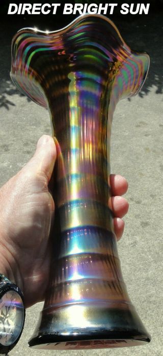 Imperial Vintage “ripple” Purple Carnival Glass Vase Pinks & Yellows Outstanding