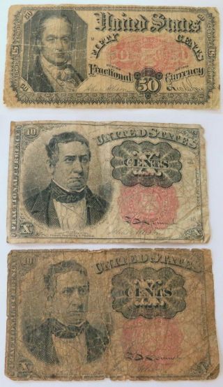 3 Us Fractional Currency Notes,  10 Cents,  50 Cents,  Vintage Bills (041933q)