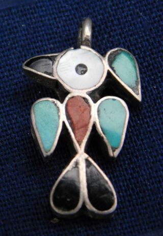 Zuni Sterling Silver Multi Stone Inlay Handmade Vintage Thunderbird Pendant