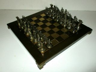 Vintage 1970 ' s ROMAN GREEK Metal CHESS SET with Brass Game Board - Complete 3