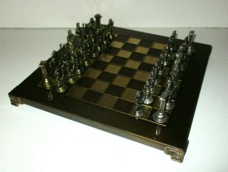 Vintage 1970 ' s ROMAN GREEK Metal CHESS SET with Brass Game Board - Complete 4