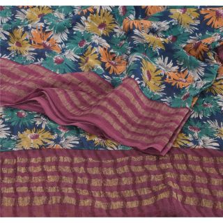 Sanskriti Vintage Blue Saree Pure Crepe Silk Printed Sari Craft 5 Yd Soft Fabric 2
