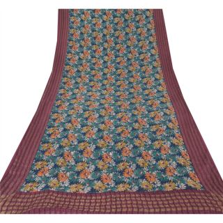 Sanskriti Vintage Blue Saree Pure Crepe Silk Printed Sari Craft 5 Yd Soft Fabric 3