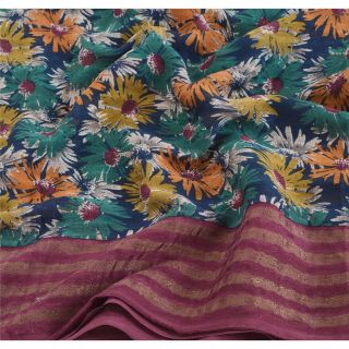 Sanskriti Vintage Blue Saree Pure Crepe Silk Printed Sari Craft 5 Yd Soft Fabric 5