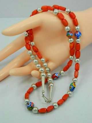 Vintage Sterling Silver Coral Millefiori Beaded 28 " Necklace