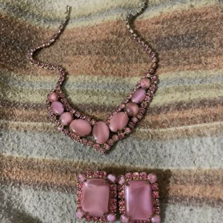 Vintage Pink Rhinestone/stone Necklace And Earrings