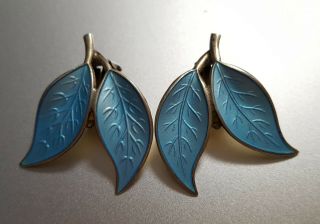 Vintage Pair David Andersen Sterling Silver & Blue Enameled Double Leaf Earrings