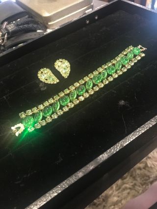 Vintage Weiss Signed Green Ab Rhinestone Bracelet & Earrings