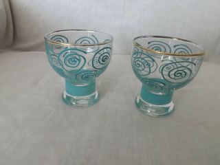 Set Of 2 Vintage Hand Painted Gold Trim Aqua Blue Swirls Cordial Glasses