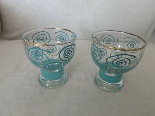 Set of 2 Vintage Hand Painted Gold Trim Aqua Blue Swirls Cordial Glasses 2