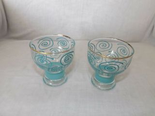 Set of 2 Vintage Hand Painted Gold Trim Aqua Blue Swirls Cordial Glasses 3