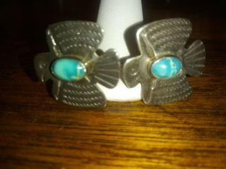 Vintage Sterling Silver Navajo Thunderbird Turquoise Screw Back Earrings 1 "