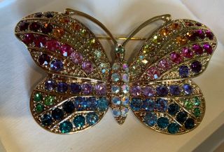 Kirks Folly Large Sparkly Rainbow Rhinestone Butterfly Brooch Pin Vintage Great